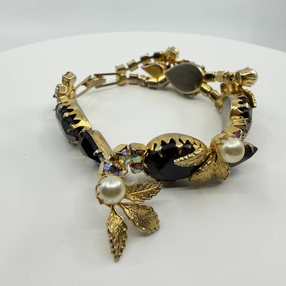 Gothic Black Stone Faux Pearl Gold Tone Leaf Statement Bracelet AB Crystal Gift